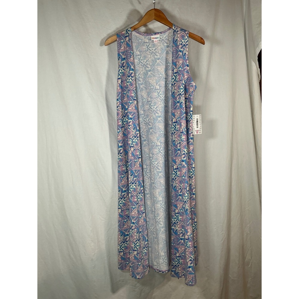 LuLaRoe Joy Longline Vest Duster Geometric Print Blue Purple Pink Small NWT